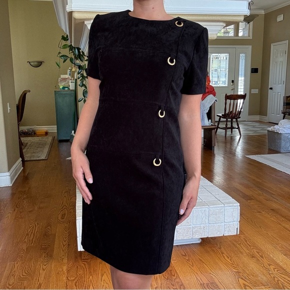 Jessica Howard Dresses & Skirts - Vintage Black Faux Suede Sheath Dress with Gold Metal Hardware 90s Y2K